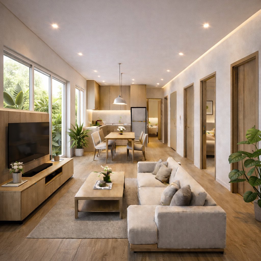 desain rumah type 36 agar terlihat luas dengan konsep biophilic tropis alami