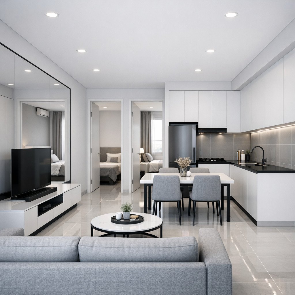 desain rumah type 36 agar terlihat luas dengan konsep monokrom minimalis