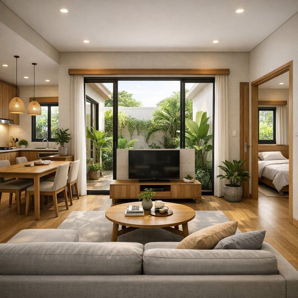 desain rumah type 36 agar terlihat luas dengan konsep tropis alami