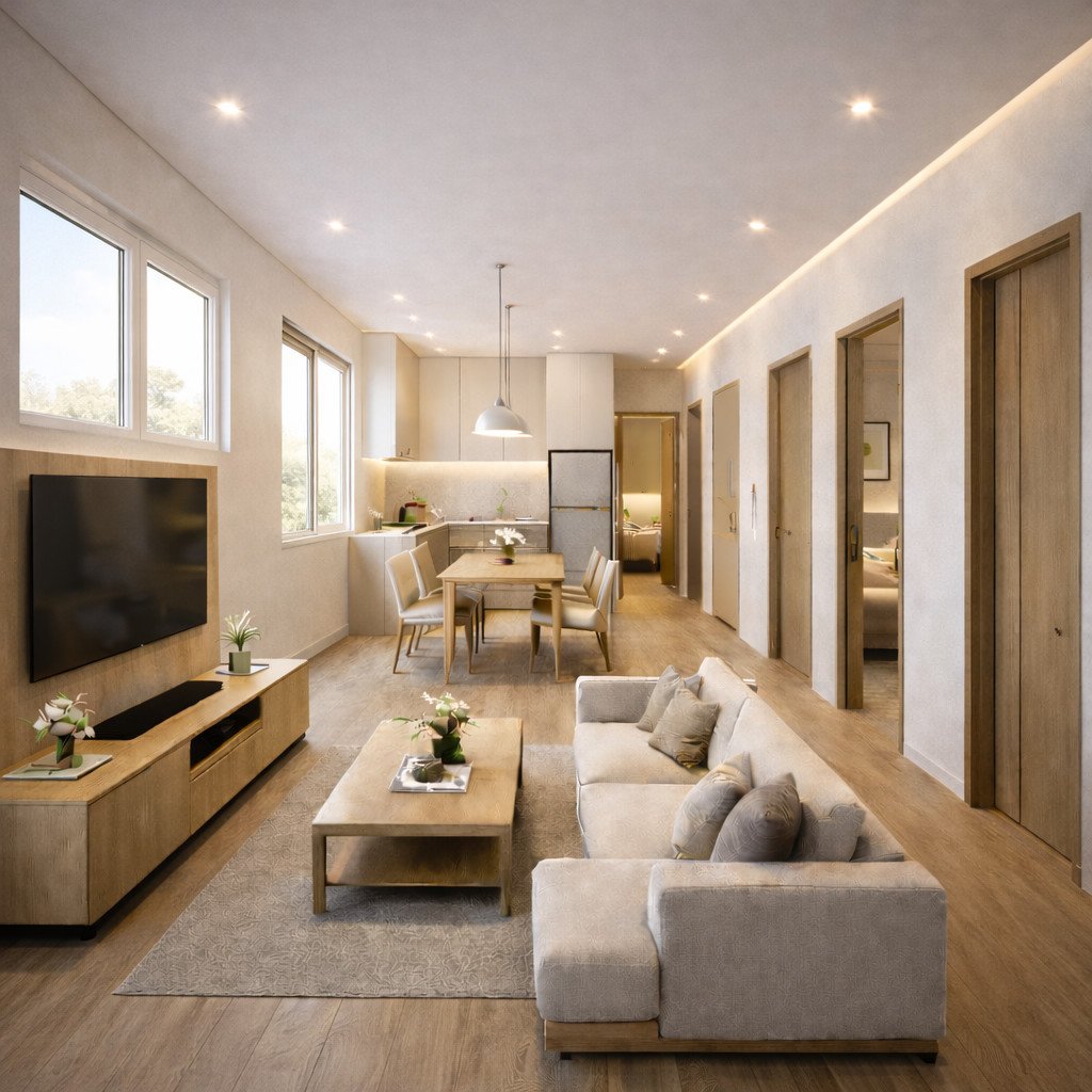 desain rumah type 36 agar terlihat luas dengan open plan terang dan airy