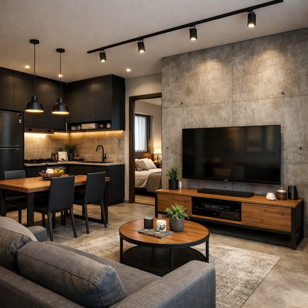 desain rumah type 36 industrial compact yang maskulin dan tahan lama