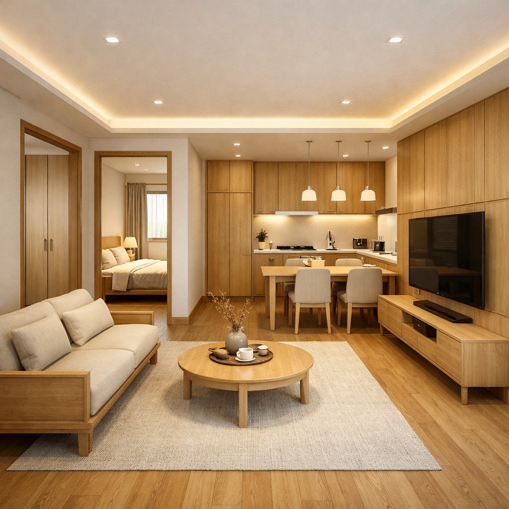 desain rumah ukuran 6x7m Japandi Zen yang tenang dan rapi