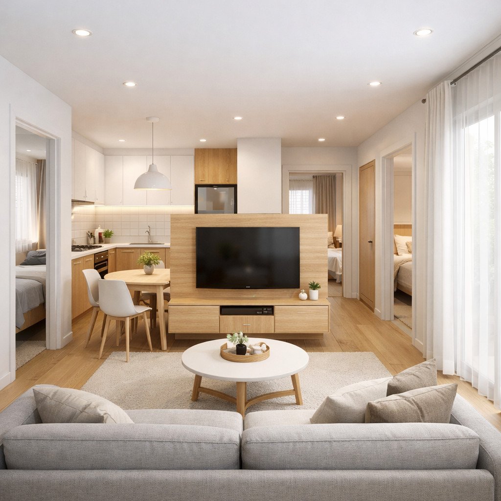 desain rumah ukuran 6x7m Scandinavian yang terang, hangat, dan efisien