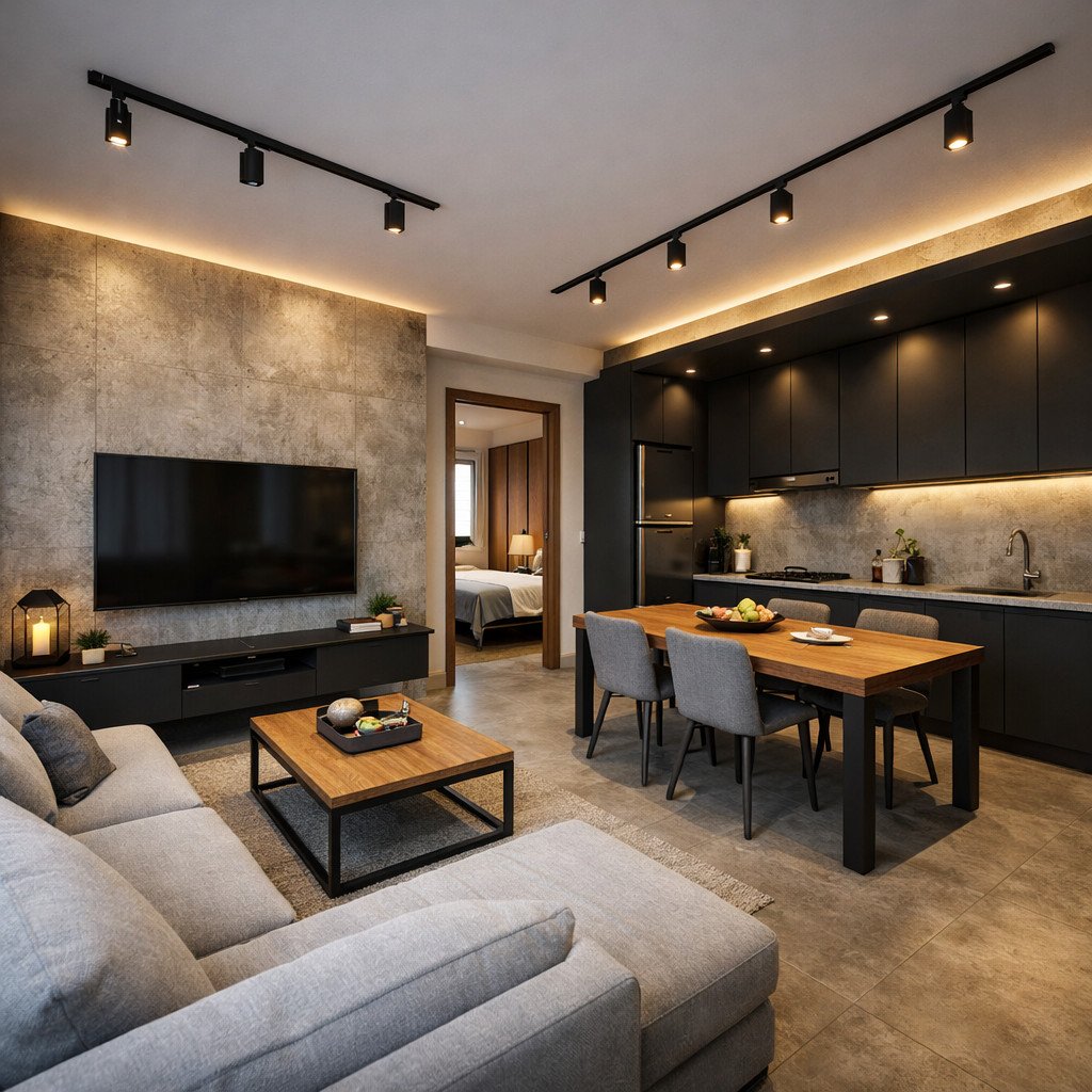 desain rumah ukuran 6x7m industrial modern yang tegas dan fungsional