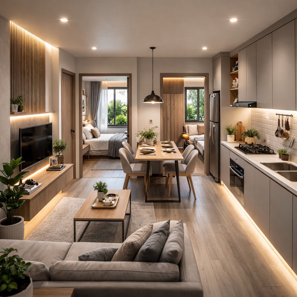 desain rumah ukuran 6x7m minimalis compact yang bersih dan efisien