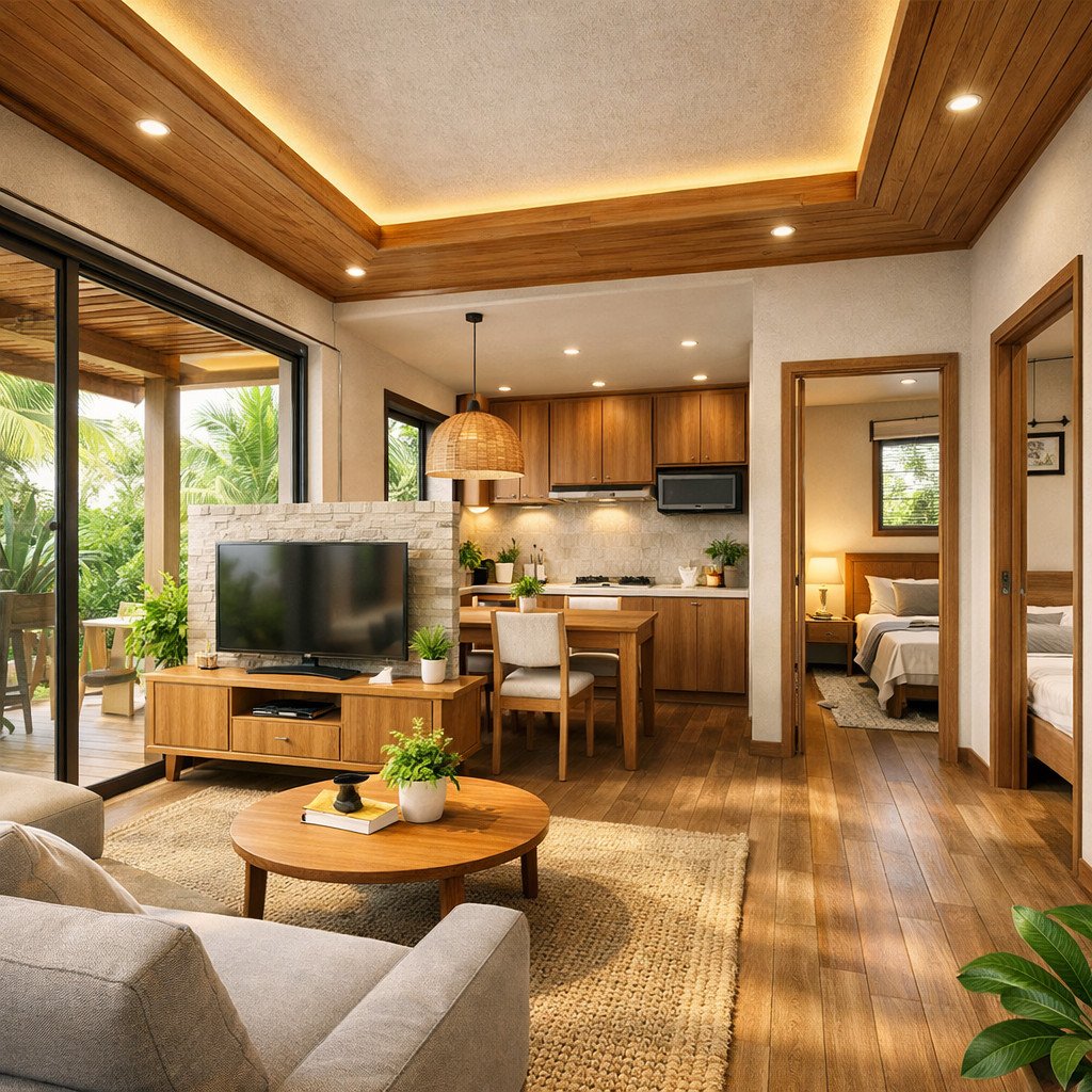 desain rumah ukuran 6x7m modern tropical yang sejuk dan mengalir