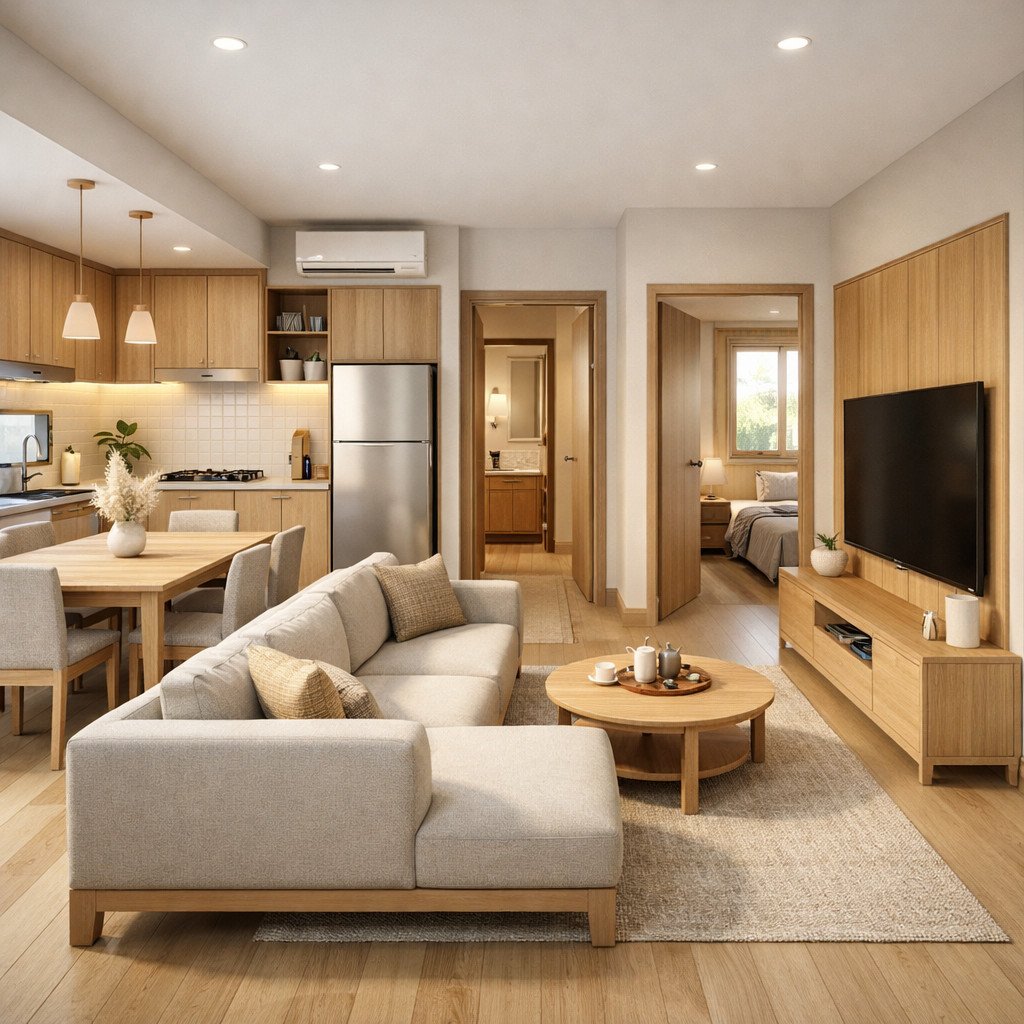 desain rumah ukuran 6x9 2 kamar bergaya Japandi yang hangat dan tenang