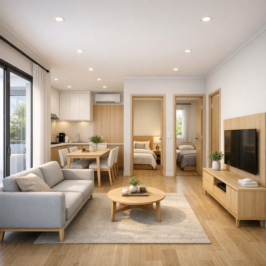 desain rumah ukuran 6x9 2 kamar bergaya Scandinavian yang terang dan proporsional