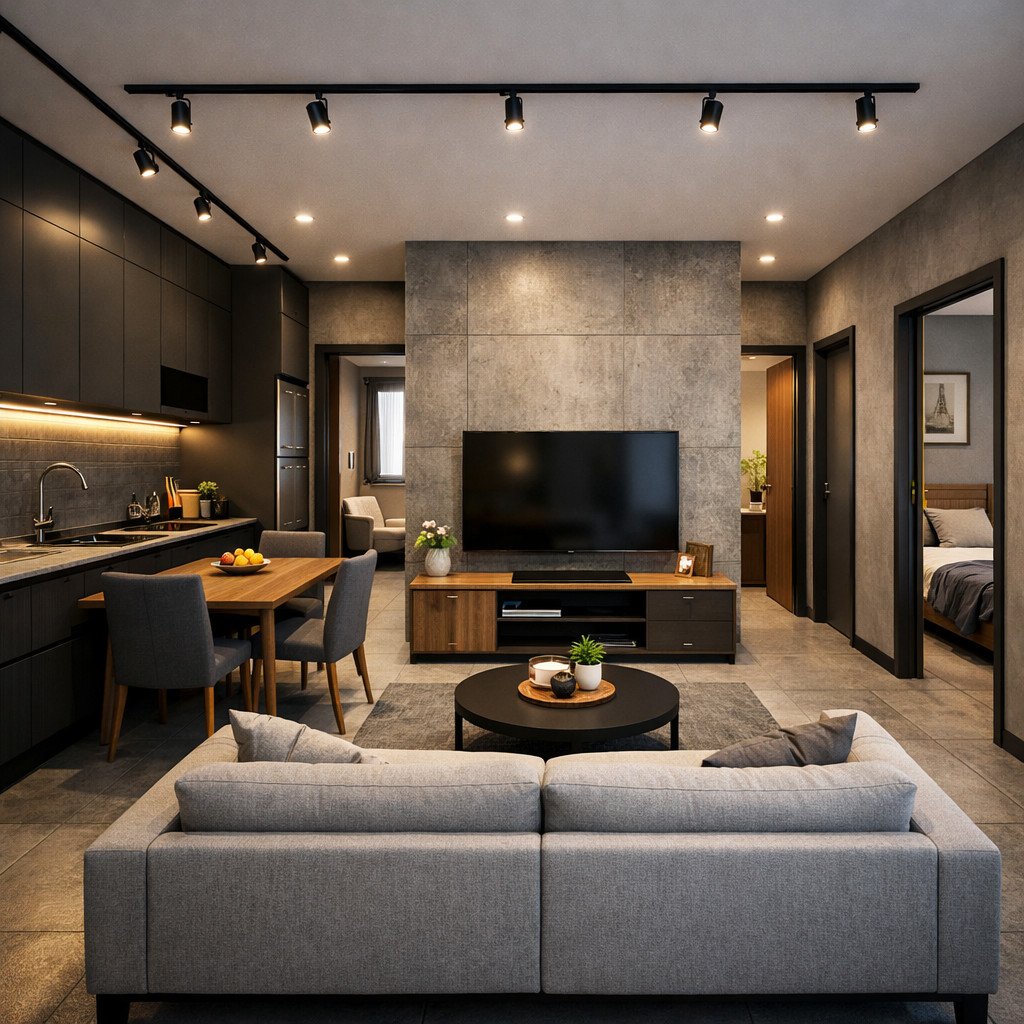 desain rumah ukuran 6x9 2 kamar bergaya industrial dengan karakter tegas