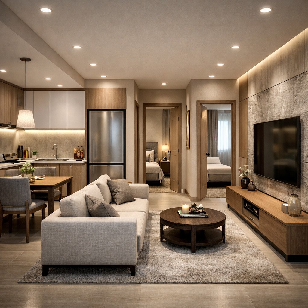 desain rumah ukuran 6x9 2 kamar dengan konsep quiet luxury yang elegan