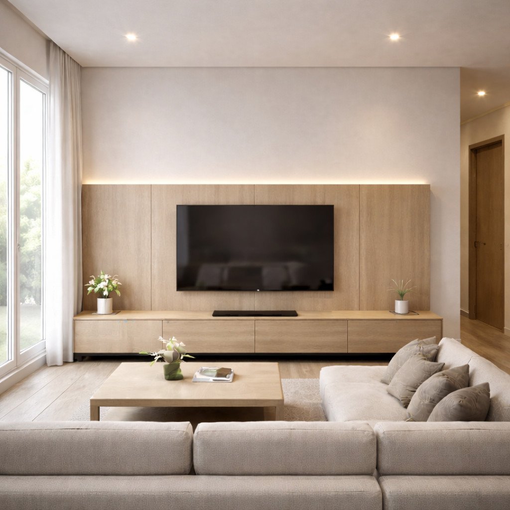 interior rumah minimalis dengan backdrop TV clean dan fungsional