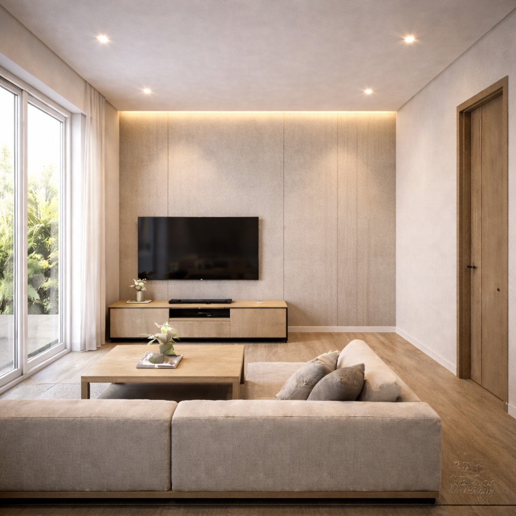 interior rumah minimalis dengan finishing dinding matte dan aksen panel elegan