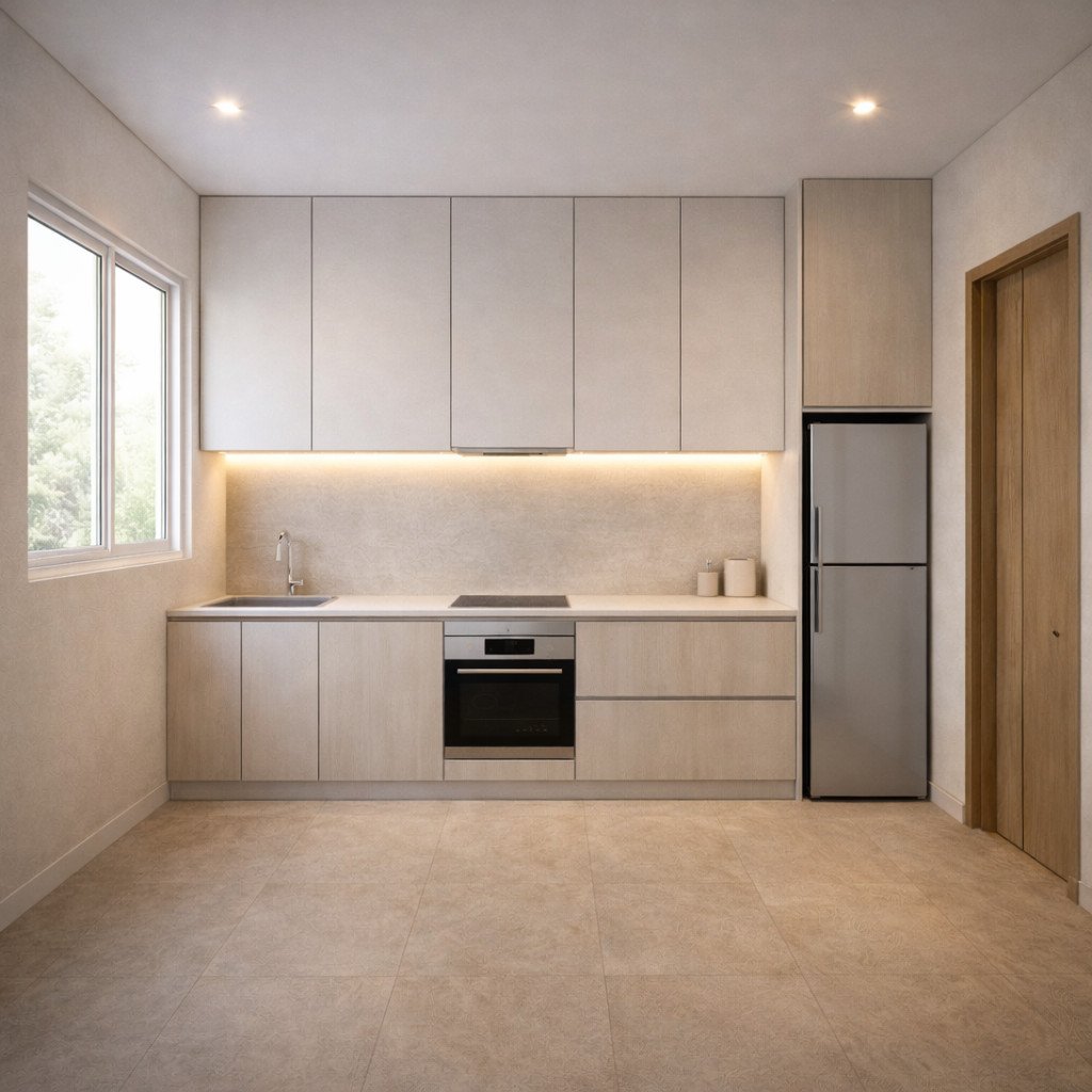 interior rumah minimalis dengan kitchen set rapi dan efisien tanpa visual berlebihan