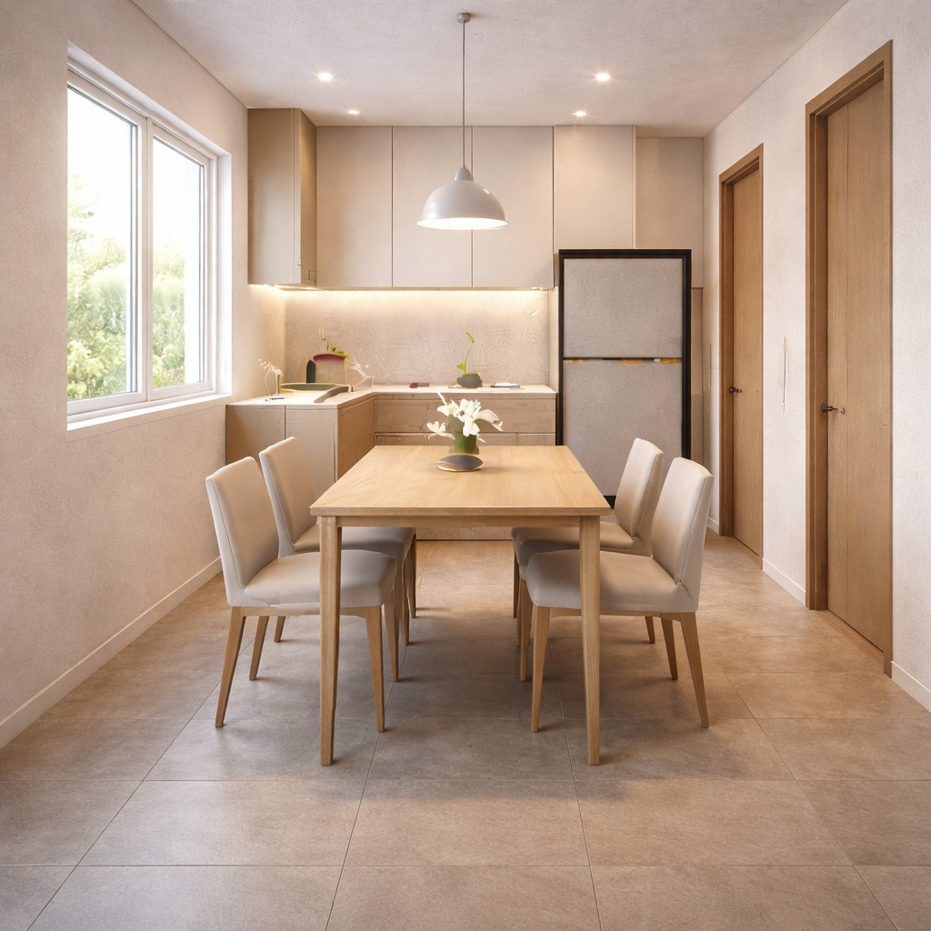 interior rumah minimalis dengan meja makan simple dan proporsi ruang yang lega