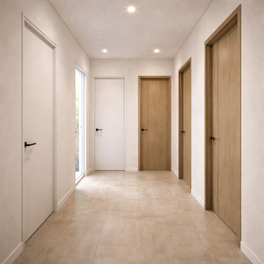 interior rumah minimalis dengan pintu polos modern dan kusen rapi elegan