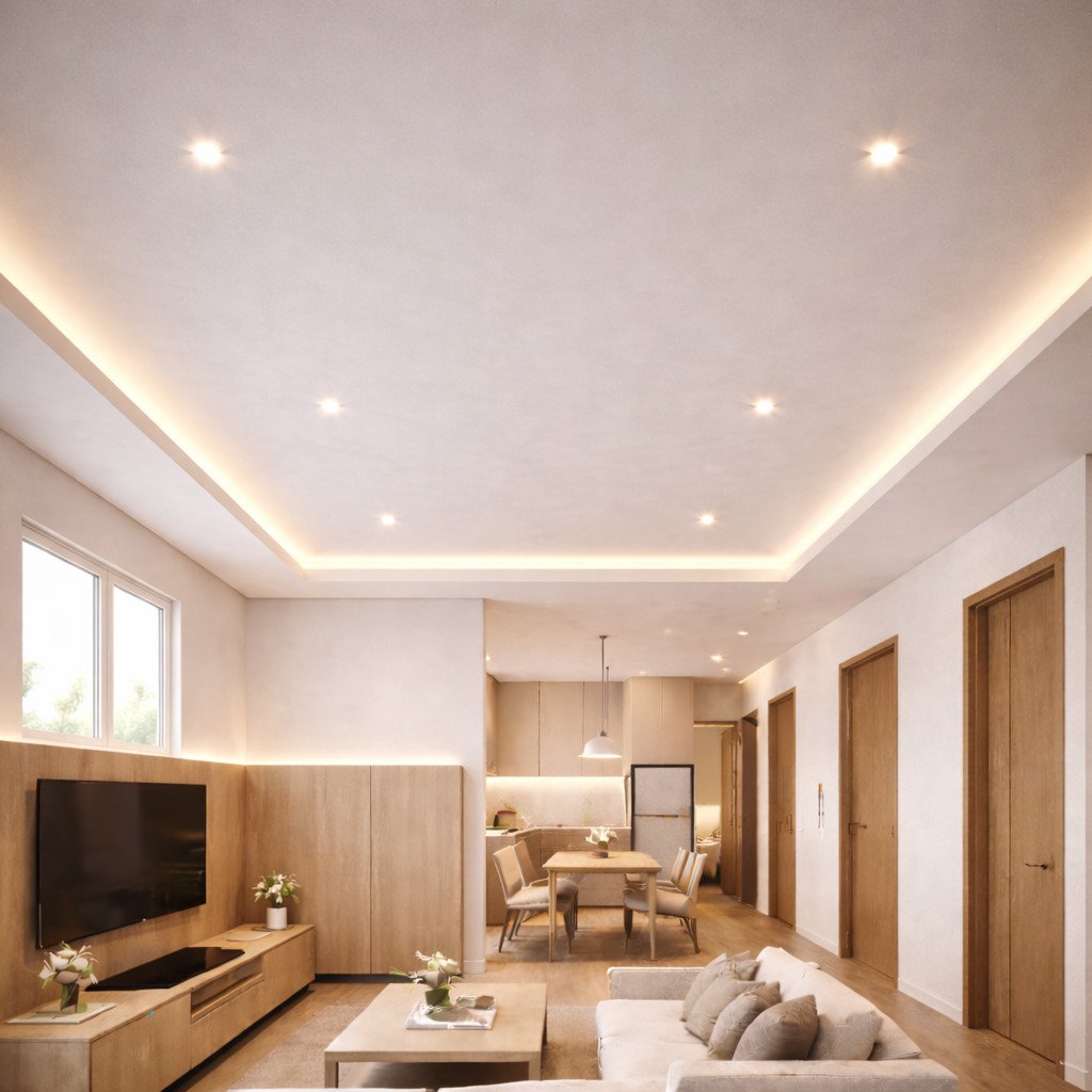 interior rumah minimalis dengan plafon gypsum clean dan lighting tersembunyi elegan