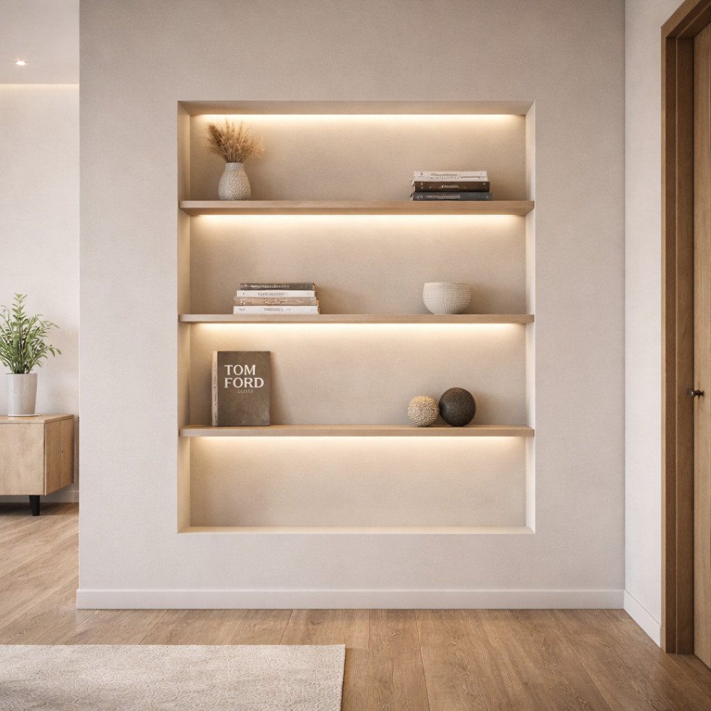 interior rumah minimalis dengan rak display tipis dan estetika rapi tanpa clutter