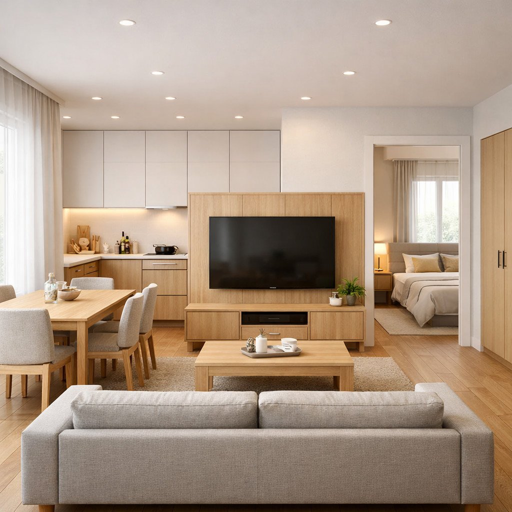 interior rumah minimalis modern Scandinavian yang terang dan hangat