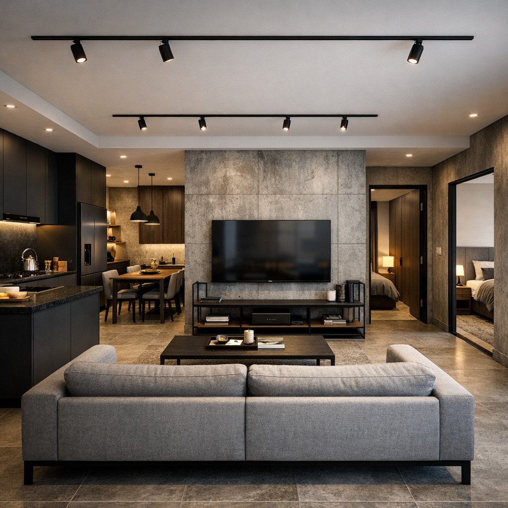 interior rumah minimalis modern industrial yang tegas dan berkarakter kuat