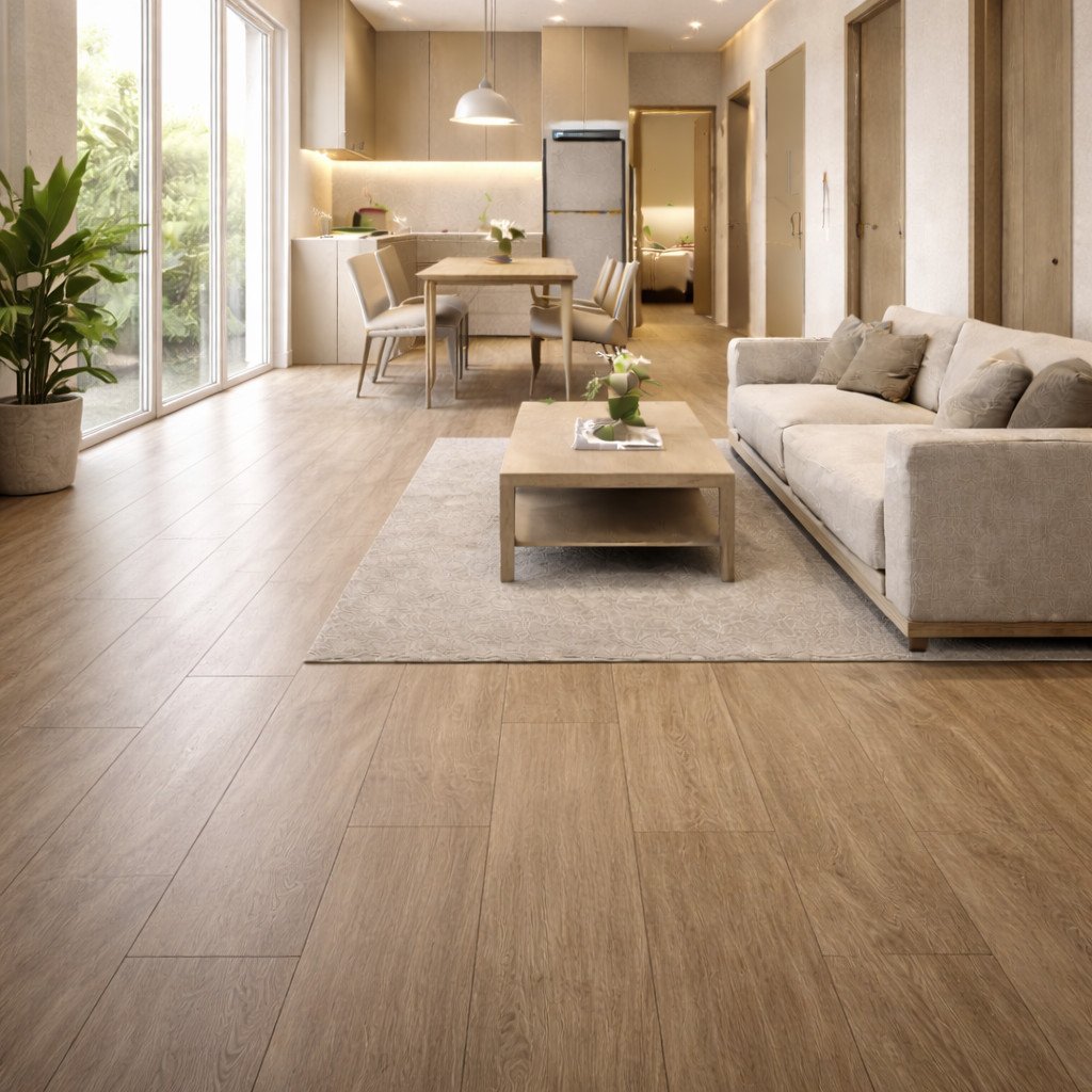 interior rumah minimalis tampil bersih dengan lantai matte warna netral