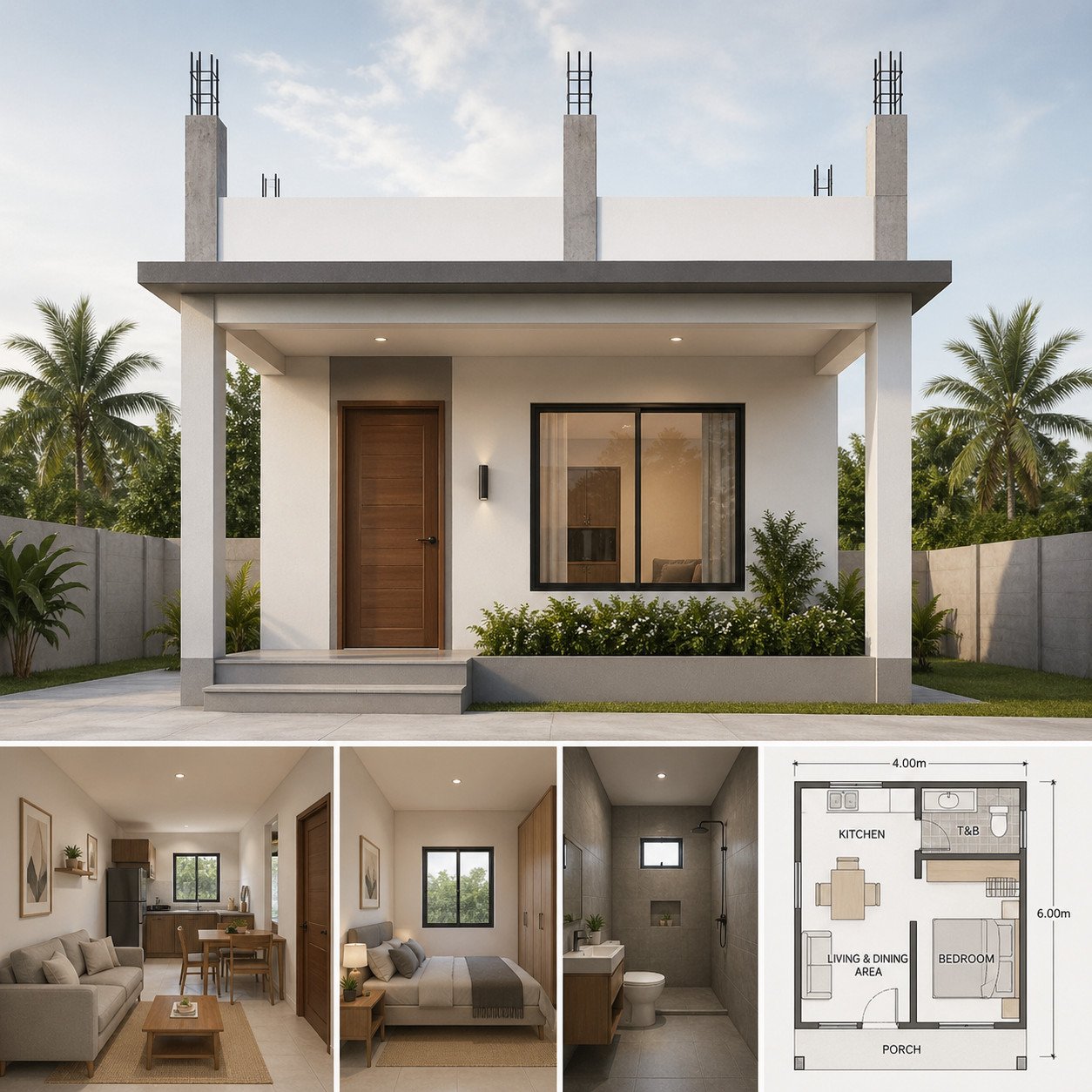 rumah kecil 4x6 ini dirancang untuk tumbuh bertahap sesuai kebutuhan masa depan