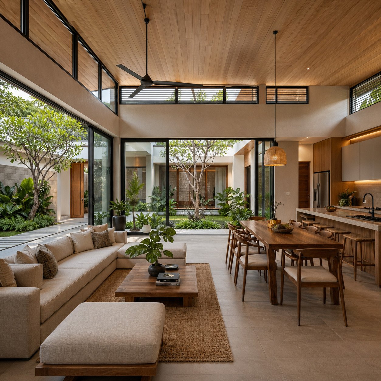 rumah tropis modern dengan bukaan besar dan taman dalam membuat ruang lebih sejuk terang dan nyaman