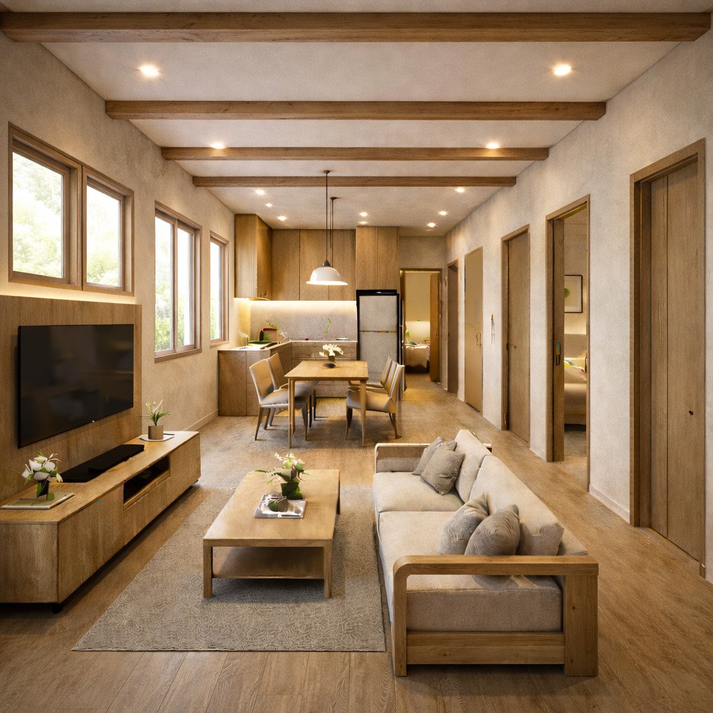 ukuran 7x12 desain rumah sederhana 3 kamar di kampung bernuansa rustic hangat