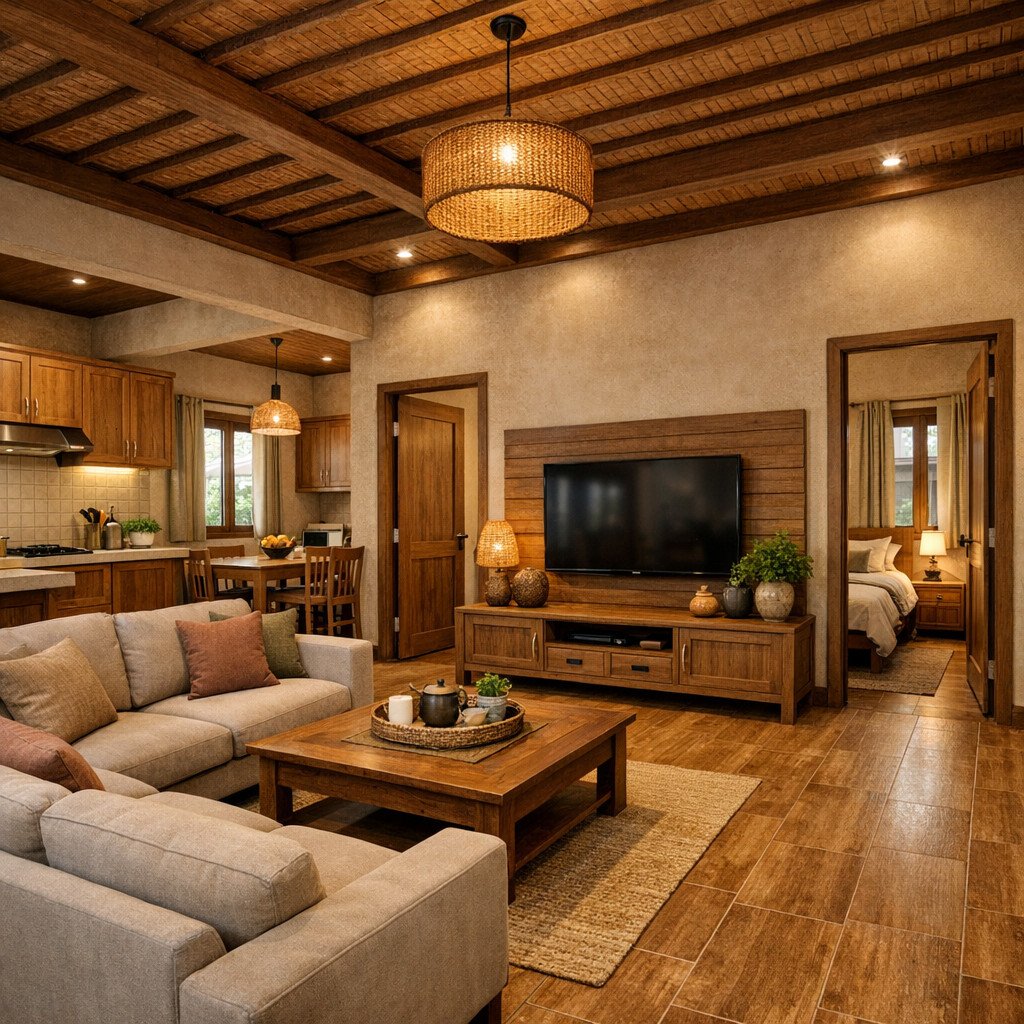 ukuran 7x12 desain rumah sederhana 3 kamar di kampung bernuansa rustic hangat