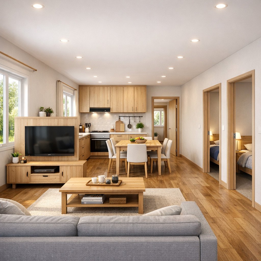 ukuran 7x12 desain rumah sederhana 3 kamar di kampung dengan sentuhan Scandinavian hangat