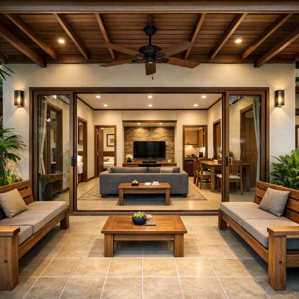 ukuran 7x12 desain rumah sederhana 3 kamar di kampung dengan teras lebar nyaman