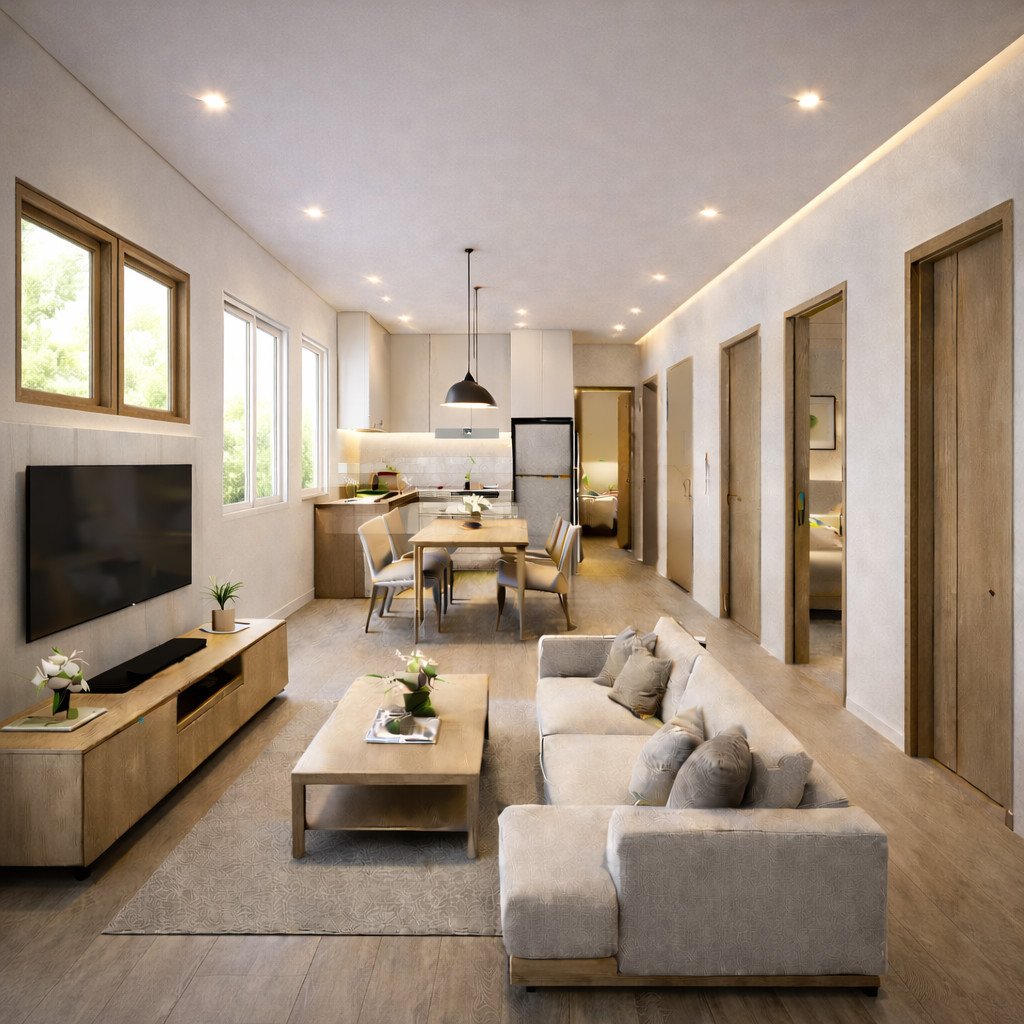 ukuran 7x12 desain rumah sederhana 3 kamar di kampung gaya modern farmhouse hangat