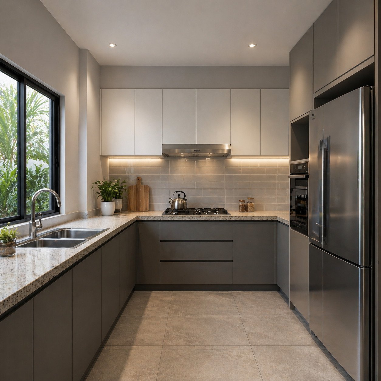 warna abu abu muda membuat dapur terlihat modern elegan dan tetap nyaman digunakan