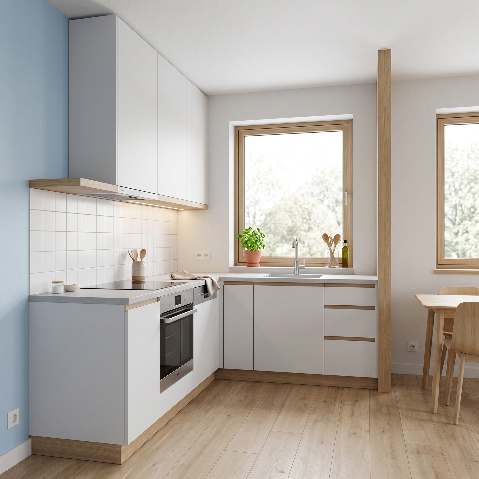 warna biru pastel membuat dapur terasa segar ringan dan lebih hidup