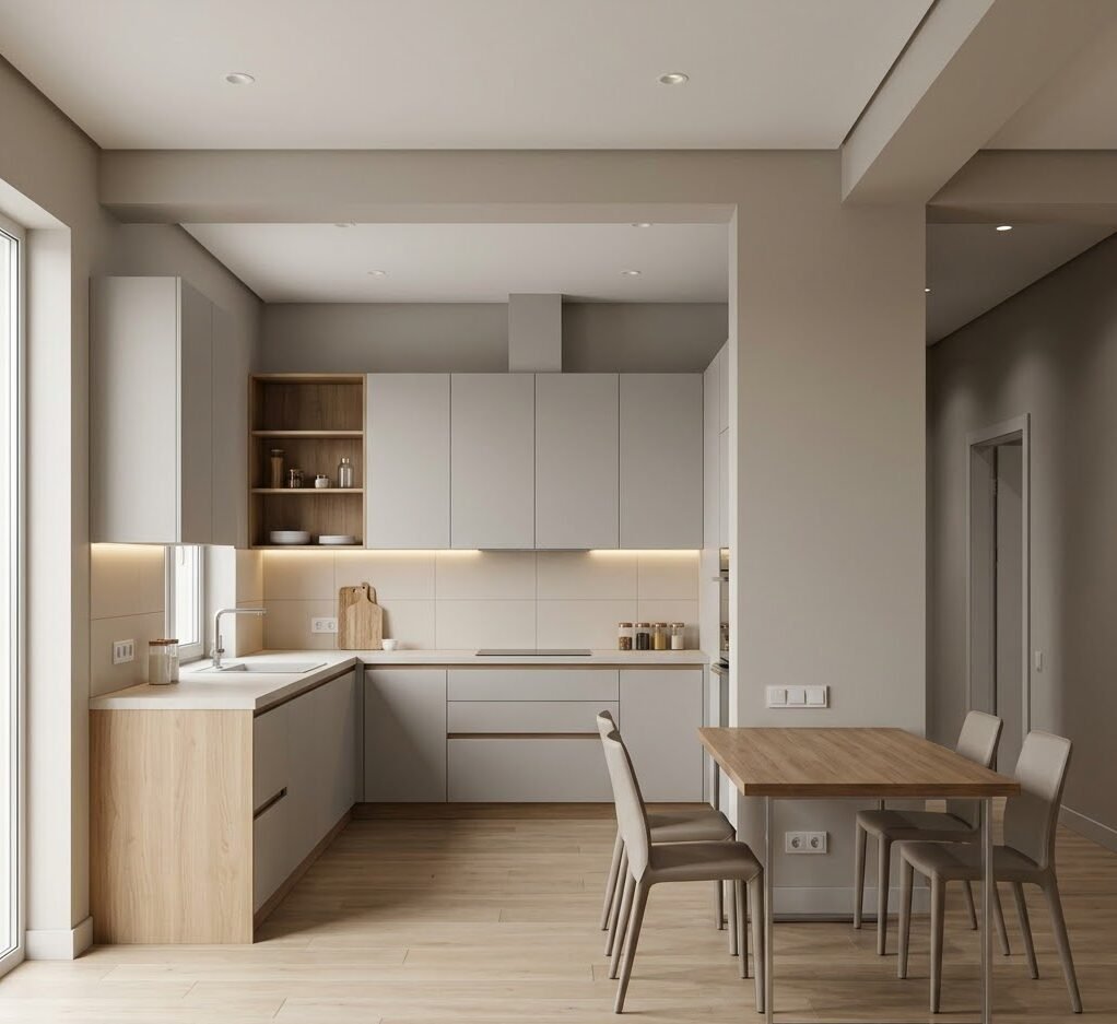 warna greige membuat dapur terasa hangat tenang dan tidak mudah membosankan
