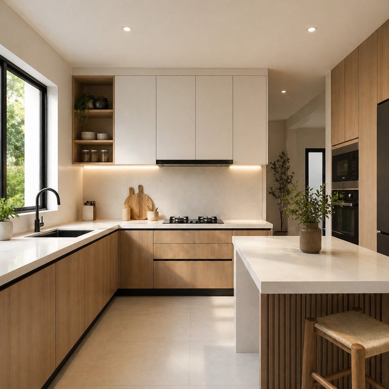 warna putih hangat membuat dapur terasa bersih luas dan nyaman