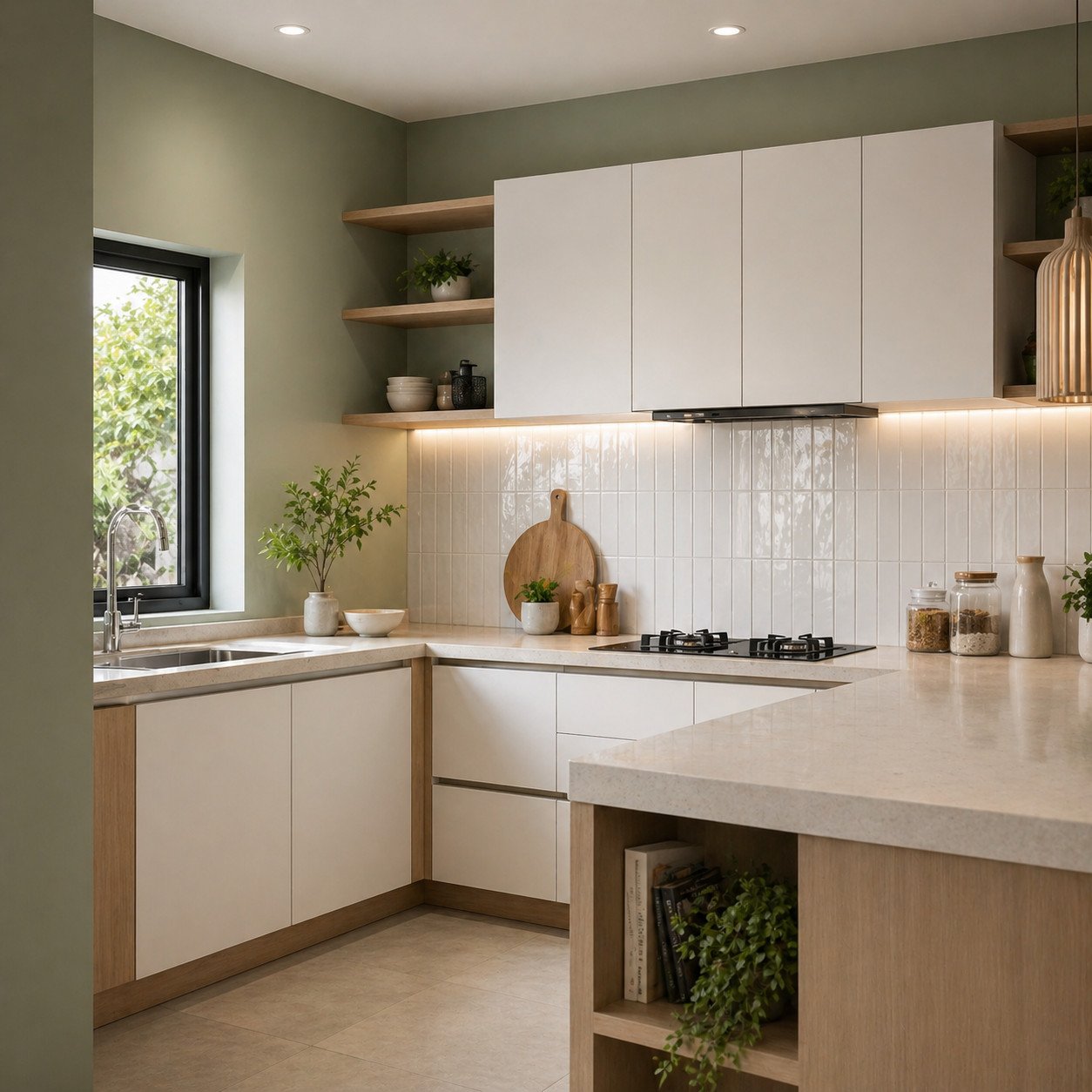 warna sage green membuat dapur terasa tenang segar dan tetap minimalis