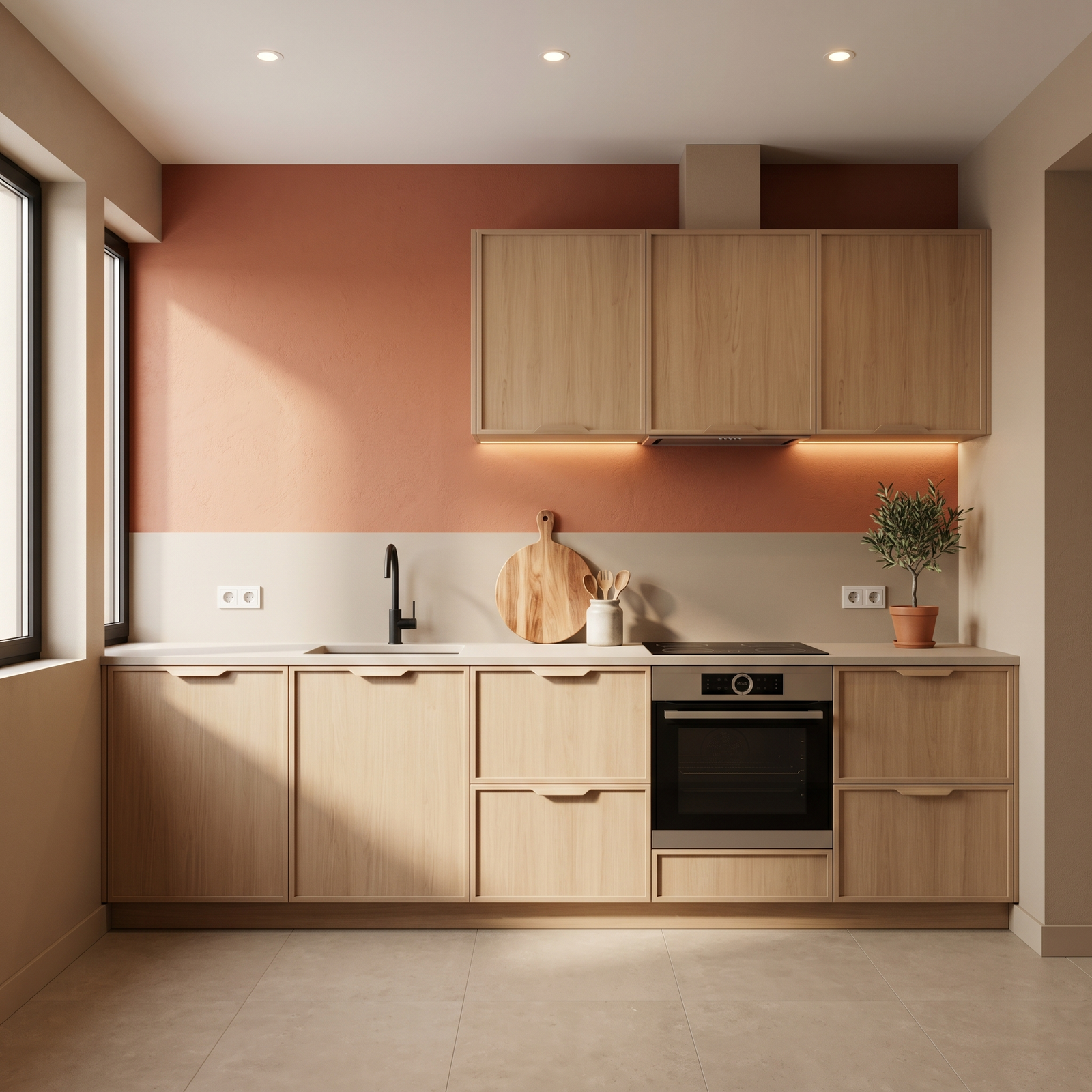 warna terracotta lembut memberi karakter hangat dan tampilan dapur lebih hidup