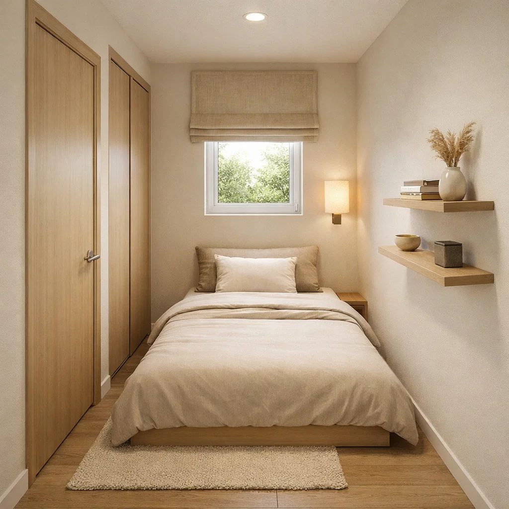 5 Inspirasi Desain Kamar Tidur Minimalis 2x3 gaya Japandi yang rapi dan tenang