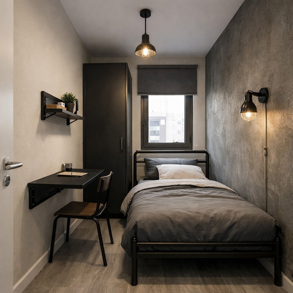 5 Inspirasi Desain Kamar Tidur Minimalis 2x3 industrial berkarakter kuat.