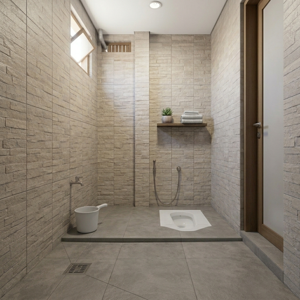 Desain kamar mandi WC jongkok sederhana dengan keramik netral dan tata ruang yang efisien serta mudah dibersihkan