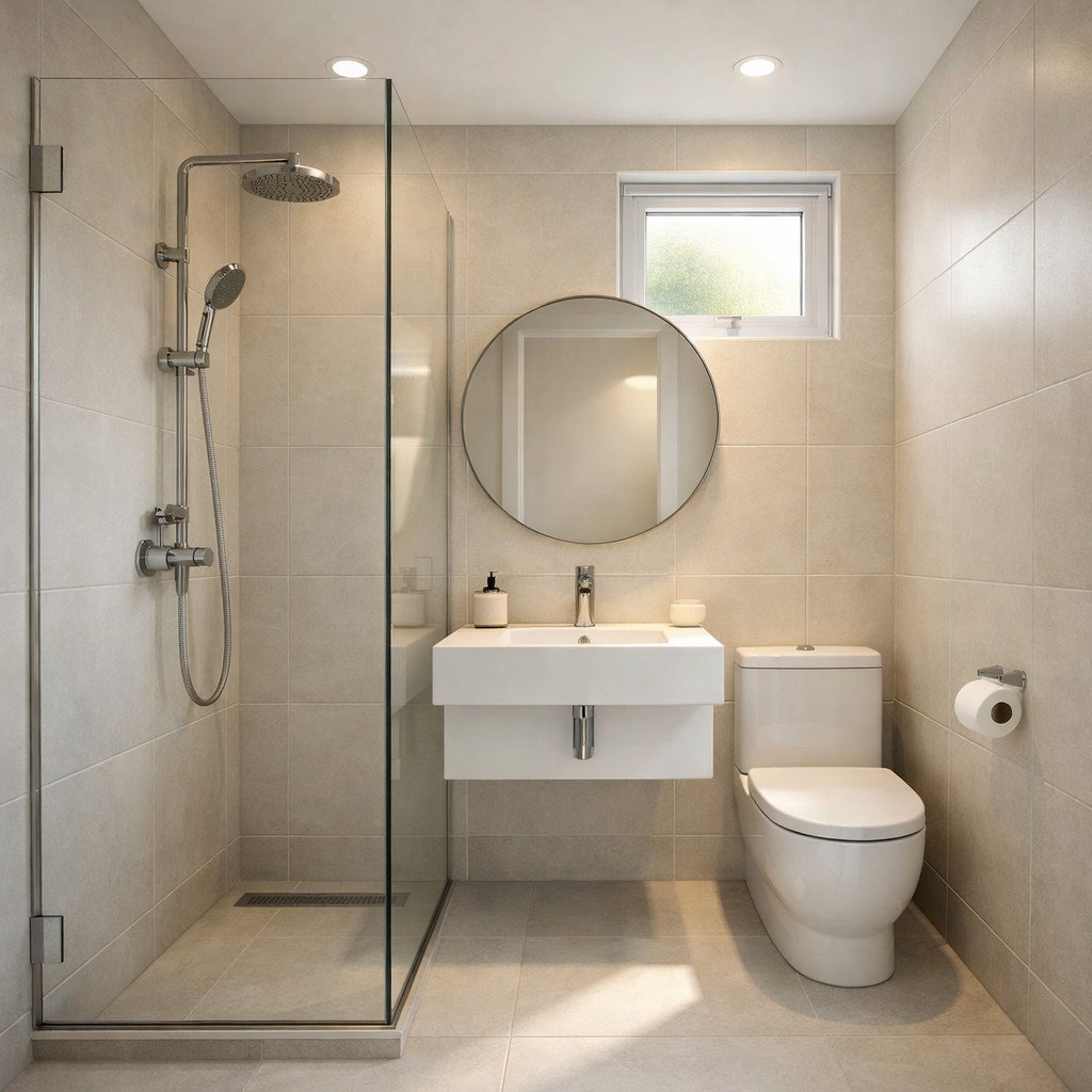 Interior kamar mandi minimalis ukuran 2x2 meter dengan tata ruang efisien dan nuansa modern yang bersih serta nyaman