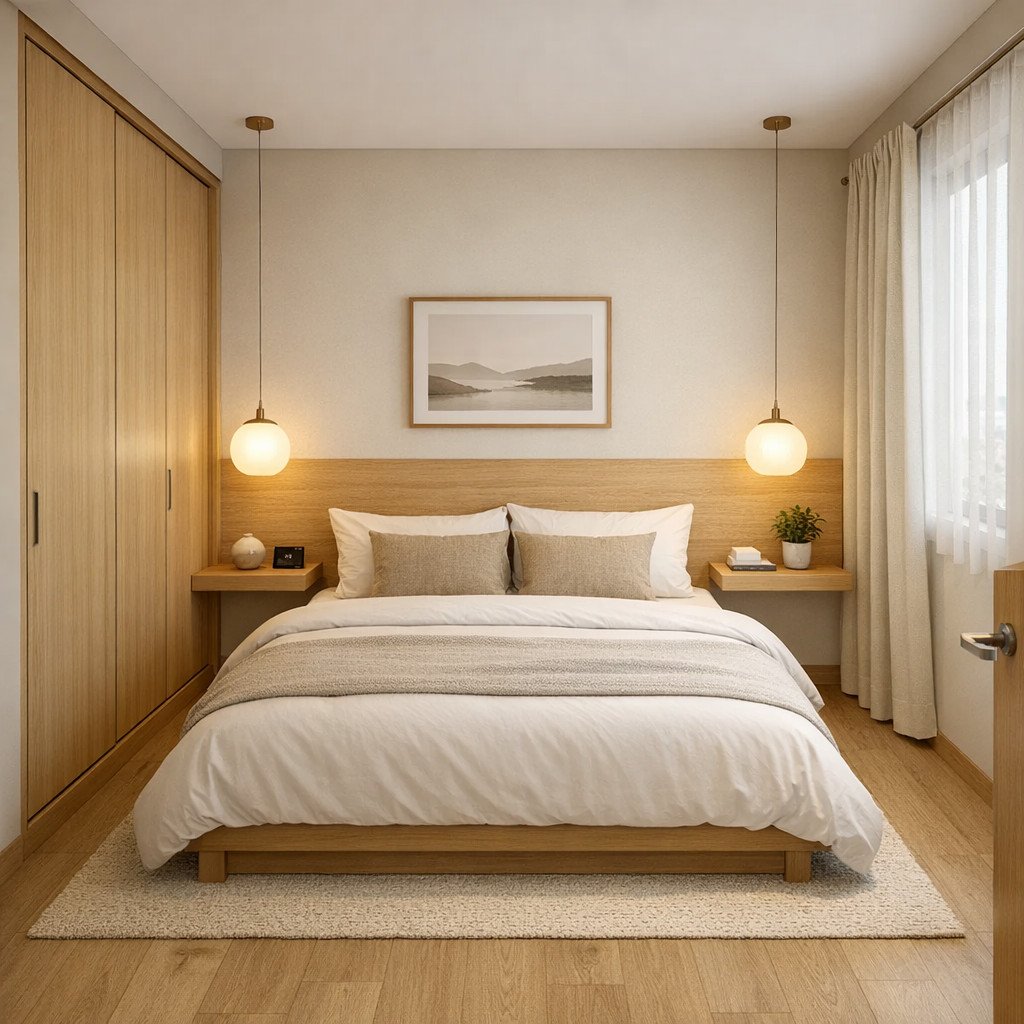 Kamar 3x3 Japandi yang hangat dan terasa lapang untuk pasangan