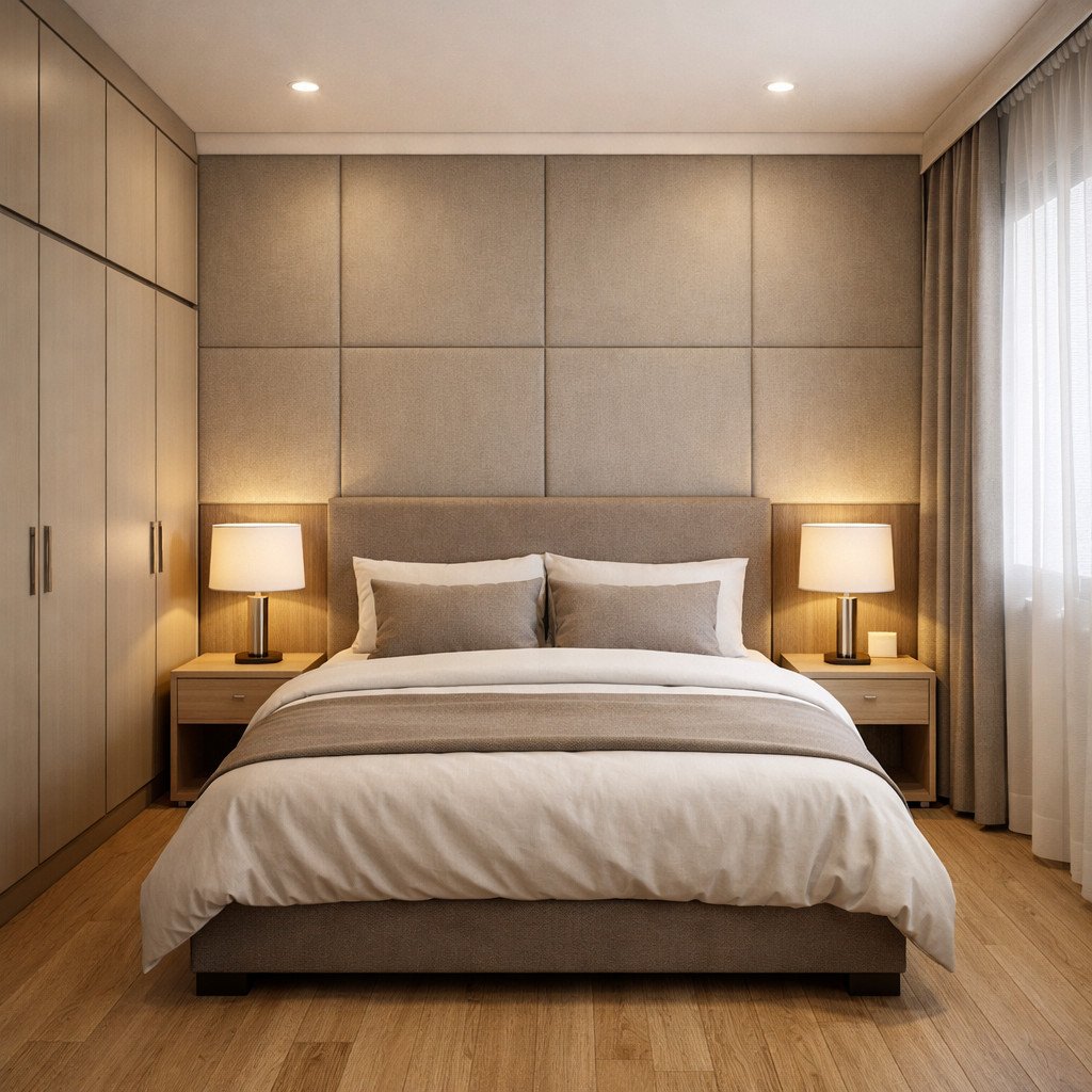Kamar 3x3 elegan dengan headboard empuk dan warna netral dewasa
