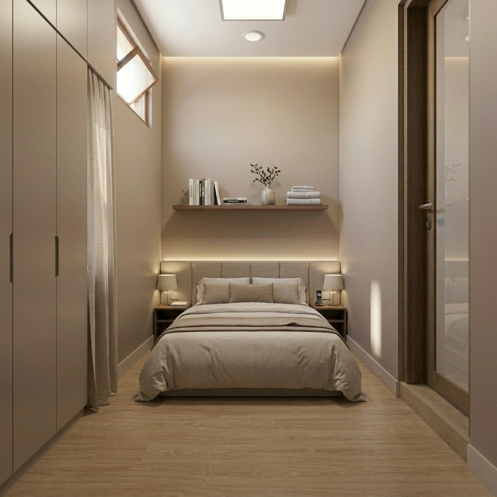 Kamar 3x3 elegan dengan nuansa quiet luxury yang tenang dan rapi