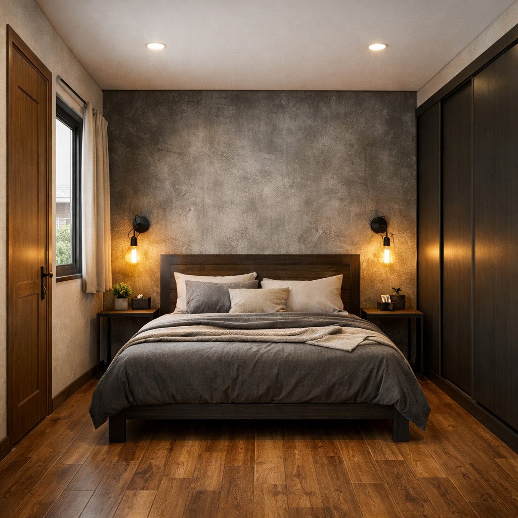 Kamar 3x3 industrial yang maskulin namun tetap hangat dan nyaman