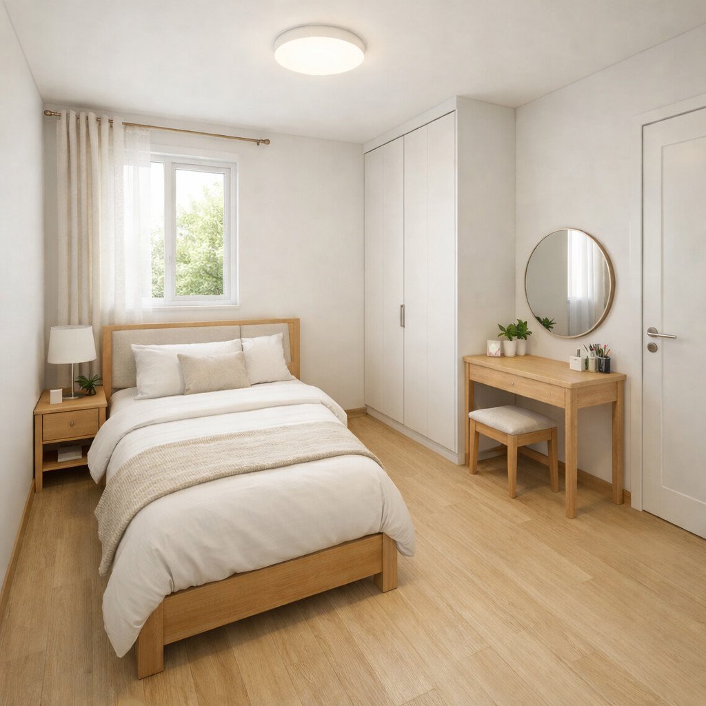 Kamar 3x3 suami istri bergaya Skandinavia yang terang dan terasa luas