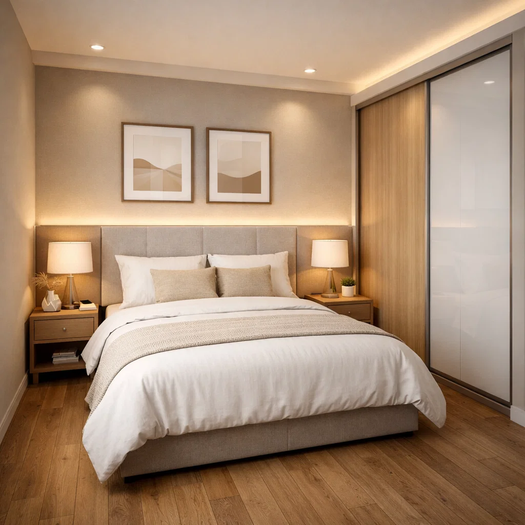 Kamar 3x3 untuk suami istri dengan tata letak presisi, wardrobe built-in hingga plafon, dan pencahayaan hangat yang membuat ruang kecil terasa lebih intim dan nyaman