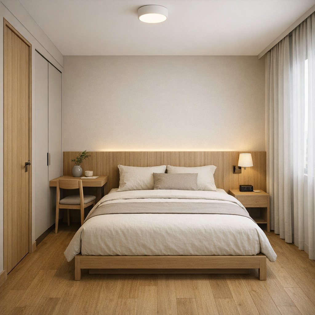 Kamar hotel 3x3 Japandi yang tenang dan terasa premium