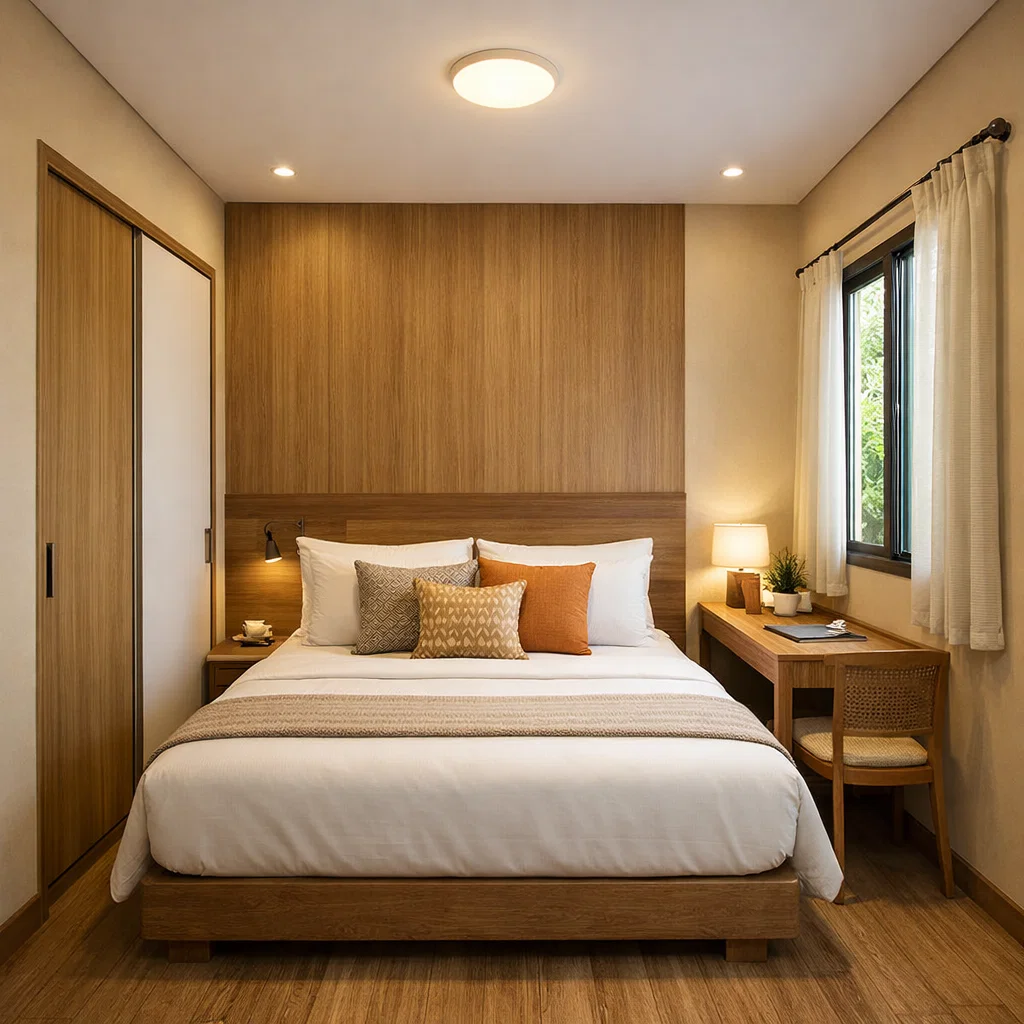 Kamar hotel 3x3 bernuansa tropis yang hangat dan santai