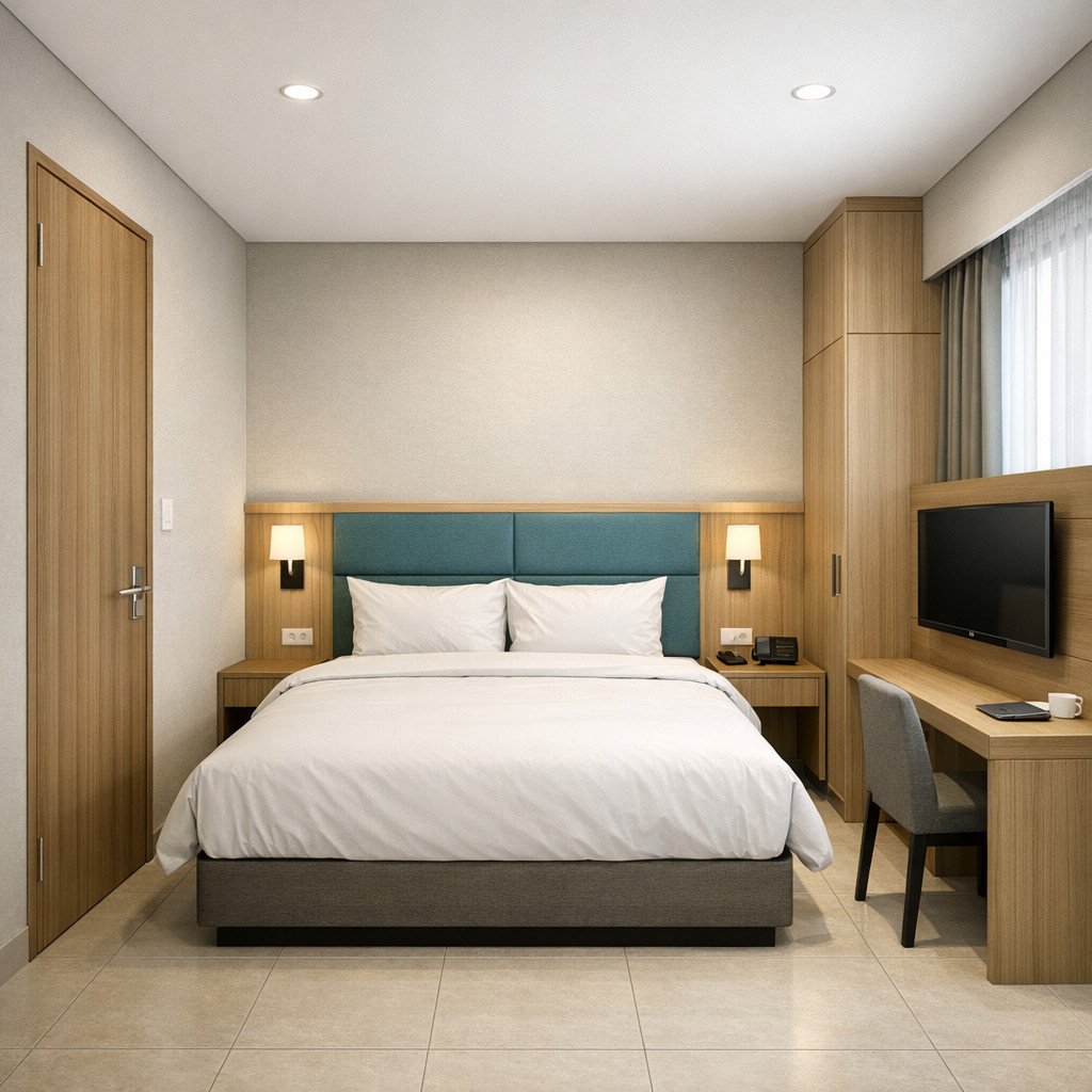 Kamar hotel 3x3 modern yang rapi dan profesional